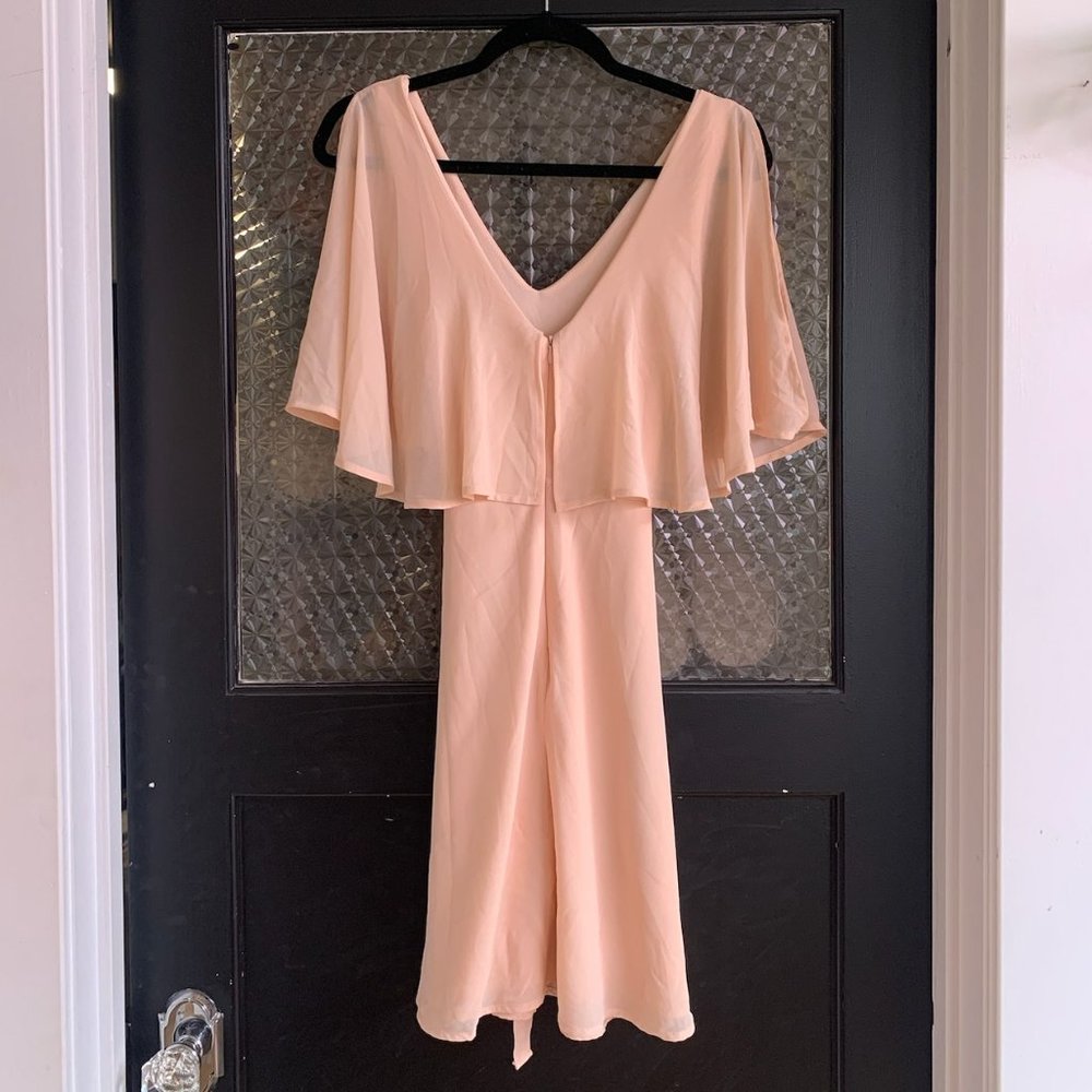 LuLu's Flowy Sleeve Fit and Flare Pink Peach Tie Waist Bridesmaid Cocktail Dress